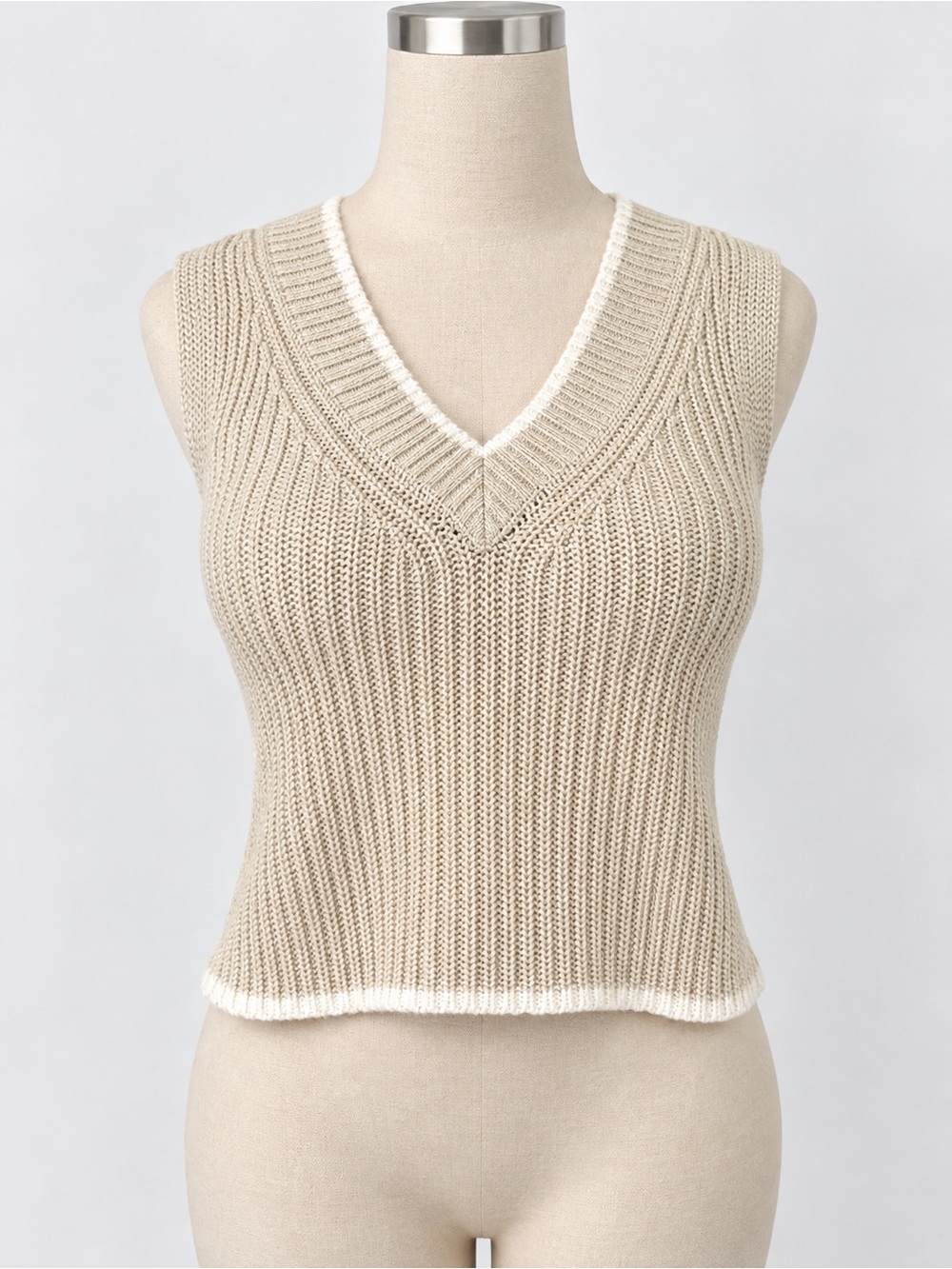 Divided Beige V-Neck Sleeveless Knit Tank with White Trim